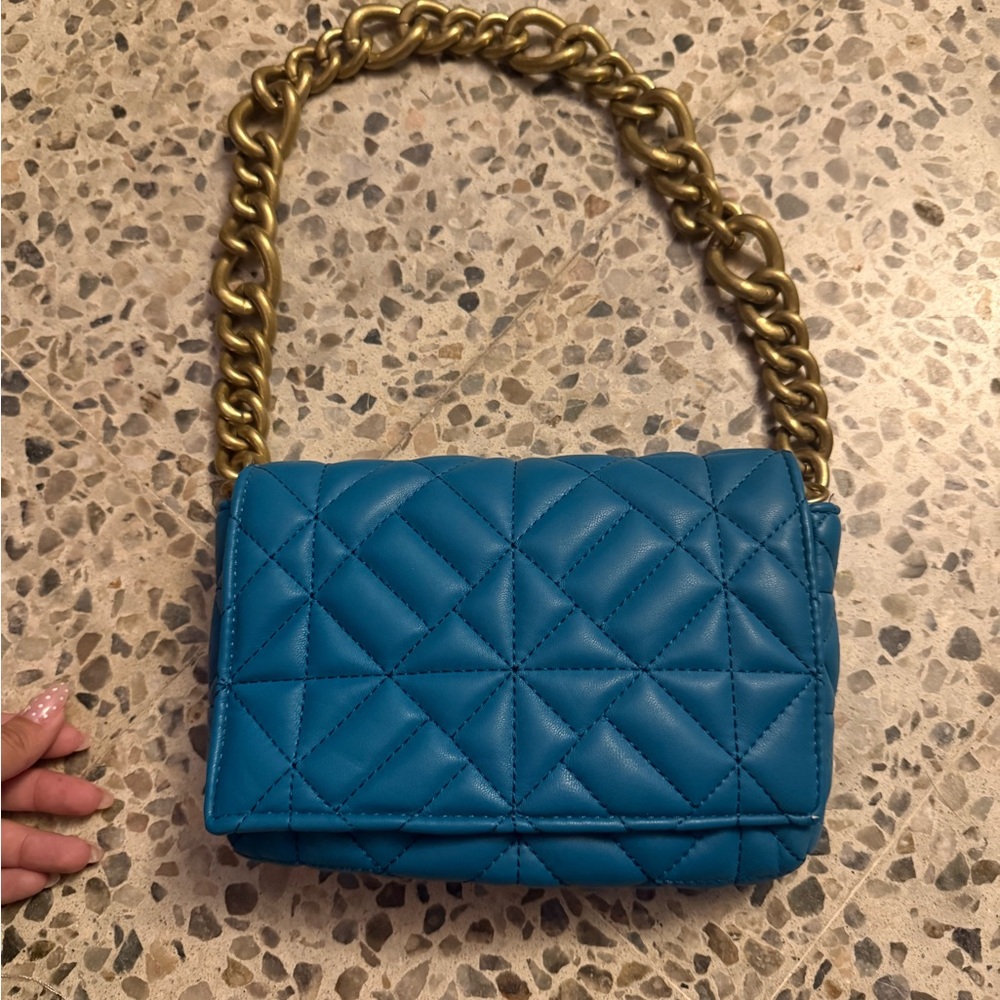Zara Teal Quilted Shoulder Bag with Gold Chain